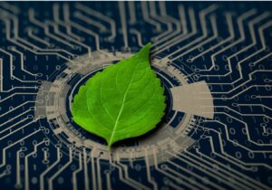 Feuille de menthe sur fond technologique