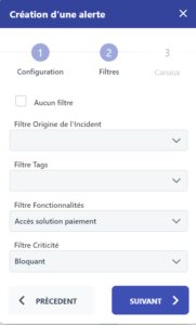 Automatisation de test - Création d'alerte - Filtres Fonctionnalités clés d'une plateforme SaaS d'automatisation de test