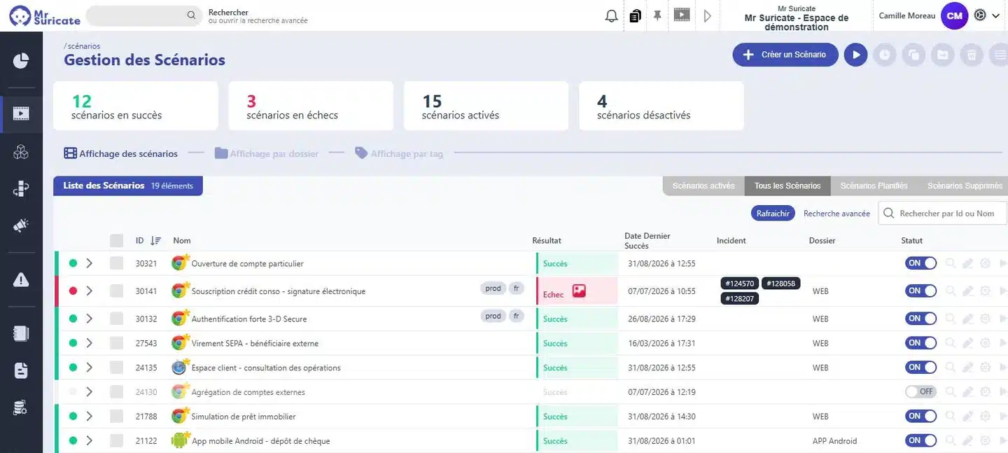 Liste des scenarios de test bancaires dans l'application Mr Suricate : ouverture de compte, authentification forte, virement SEPA