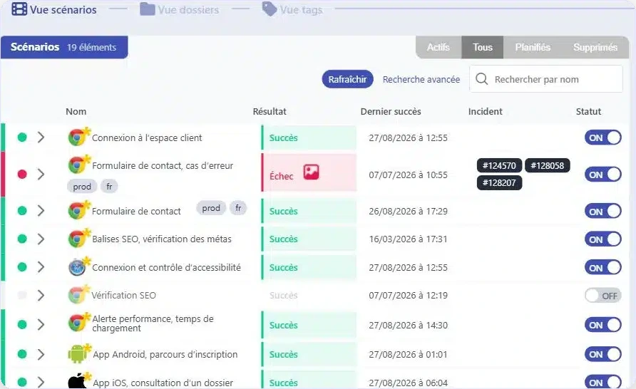 List of scenarios: name, result, last success, incidents, and status