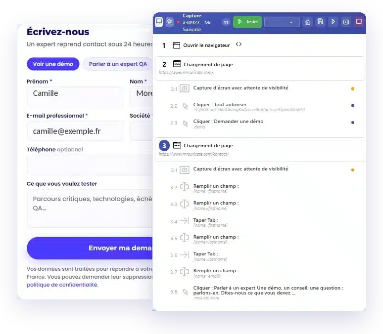 The form on the website is filled out on the left, while Suricapture lists the recorded steps on the right
