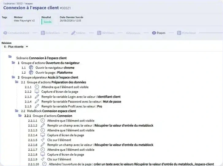 Text mode: the script in a numbered tree structure, in French