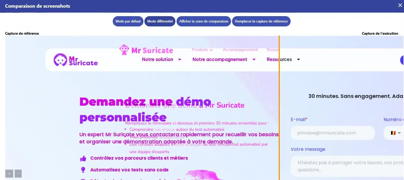 Écran de comparaison graphique dans Mr Suricate, mode différentiel surlignant les zones modifiées entre la capture de référence et l’exécution