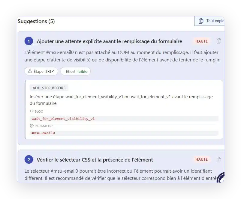 L’assistant de maintenance propose cinq corrections classées par priorité, avec le bloc et le paramètre à utiliser