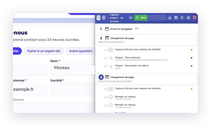 Suricapture rejoue un scénario étape par étape dans un navigateur, avec le bouton Tester