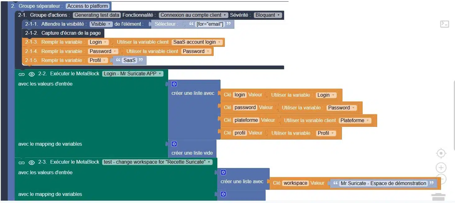 Parcours d’authentification dans l’éditeur Mr Suricate, avec des variables client protégées et un métablock de connexion