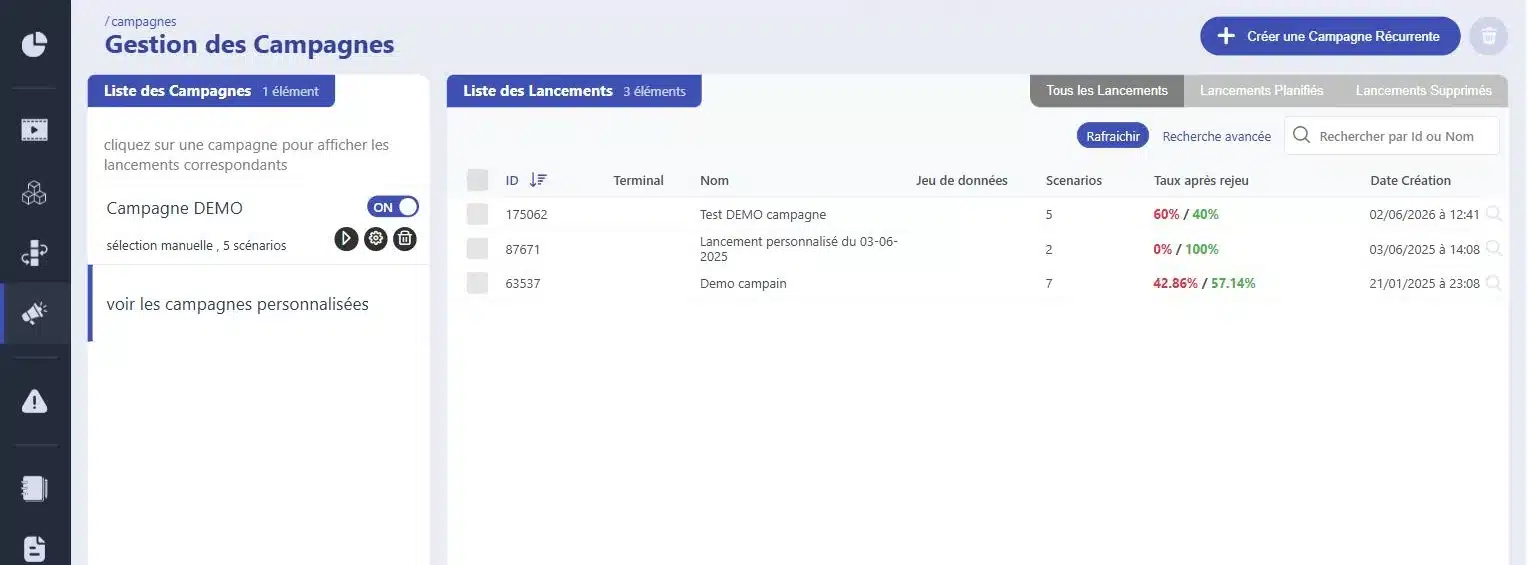 Campagne de non-régression dans Mr Suricate, avec le taux de succès après rejeu de chaque lancement