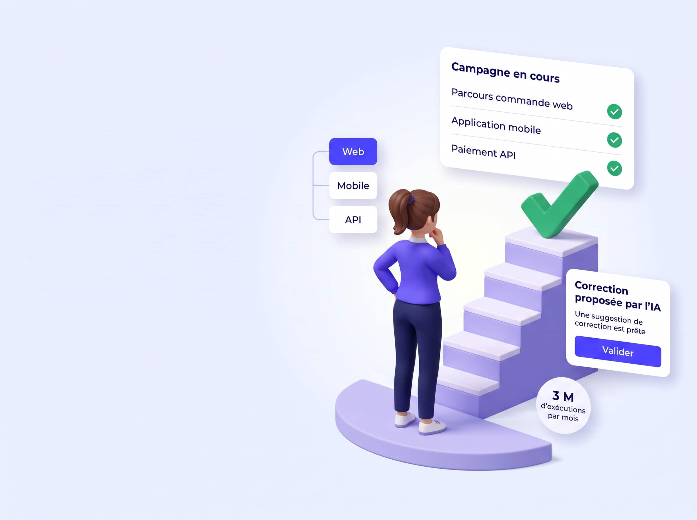 Une personne face à un escalier de tests : campagne en cours, correction proposée par l’IA, plateformes web, mobile et API