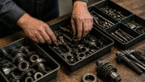 Hands sorting mechanical parts into bins on a workbench